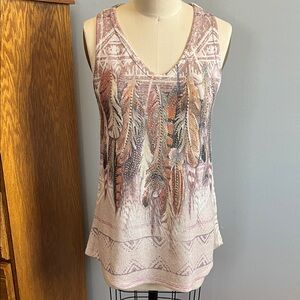 Boho Feather Print Tank Top - Cream and Brown
